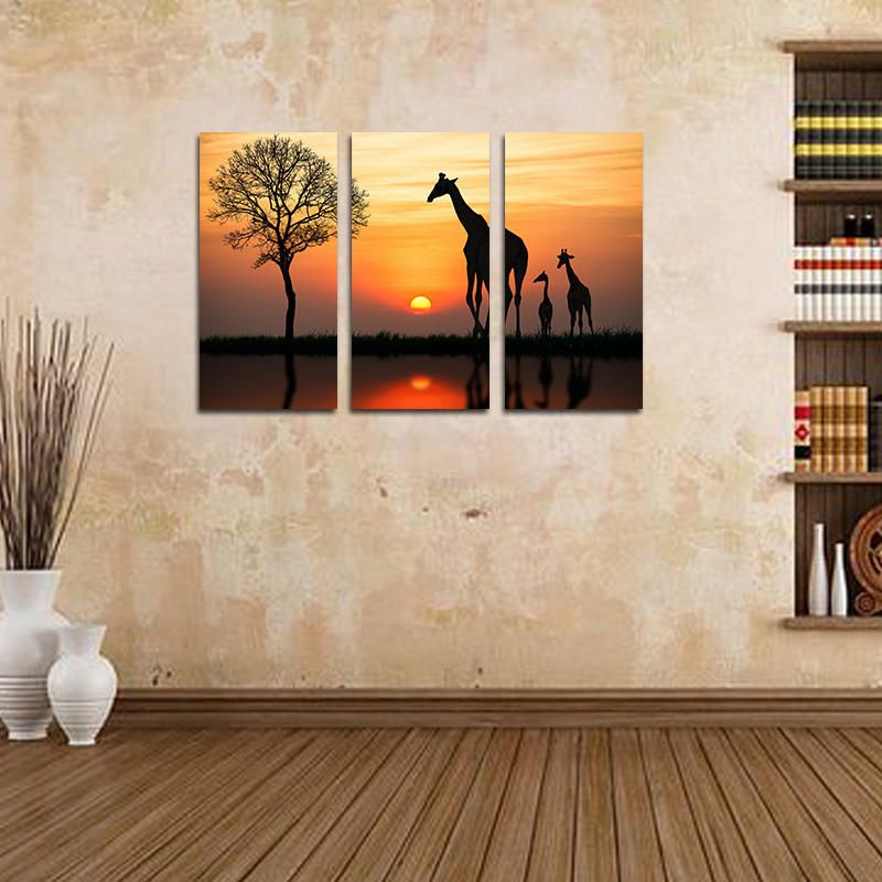 Miico Pintado A Mano Tres Pinturas Decorativas Combinadas Jirafa En El Arte De La Pared Del Atardecer Para La Decoración Del Hogar