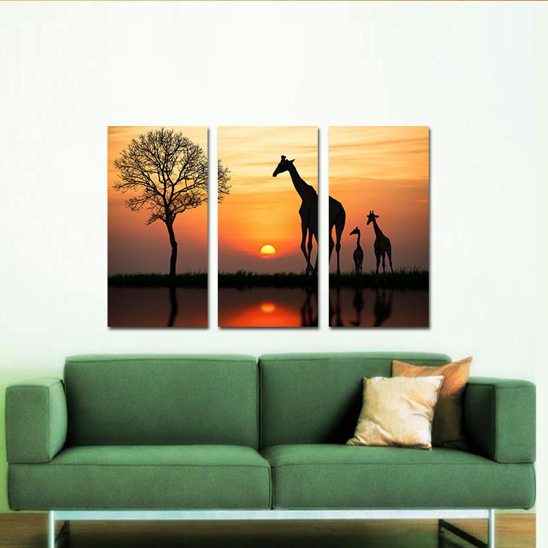 Miico Pintado A Mano Tres Pinturas Decorativas Combinadas Jirafa En El Arte De La Pared Del Atardecer Para La Decoración Del Hogar