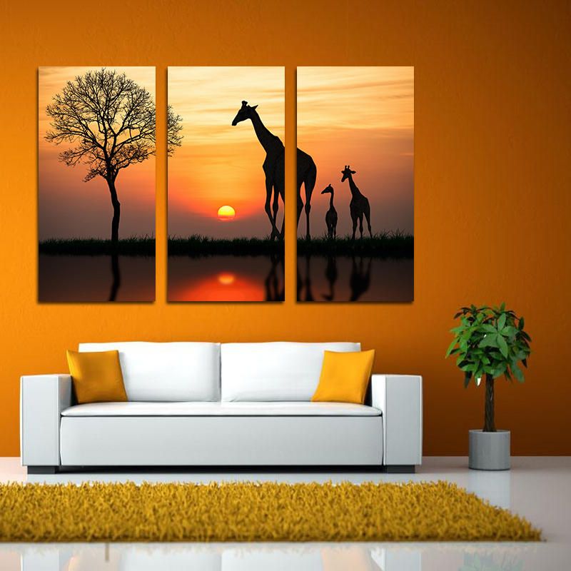 Miico Pintado A Mano Tres Pinturas Decorativas Combinadas Jirafa En El Arte De La Pared Del Atardecer Para La Decoración Del Hogar