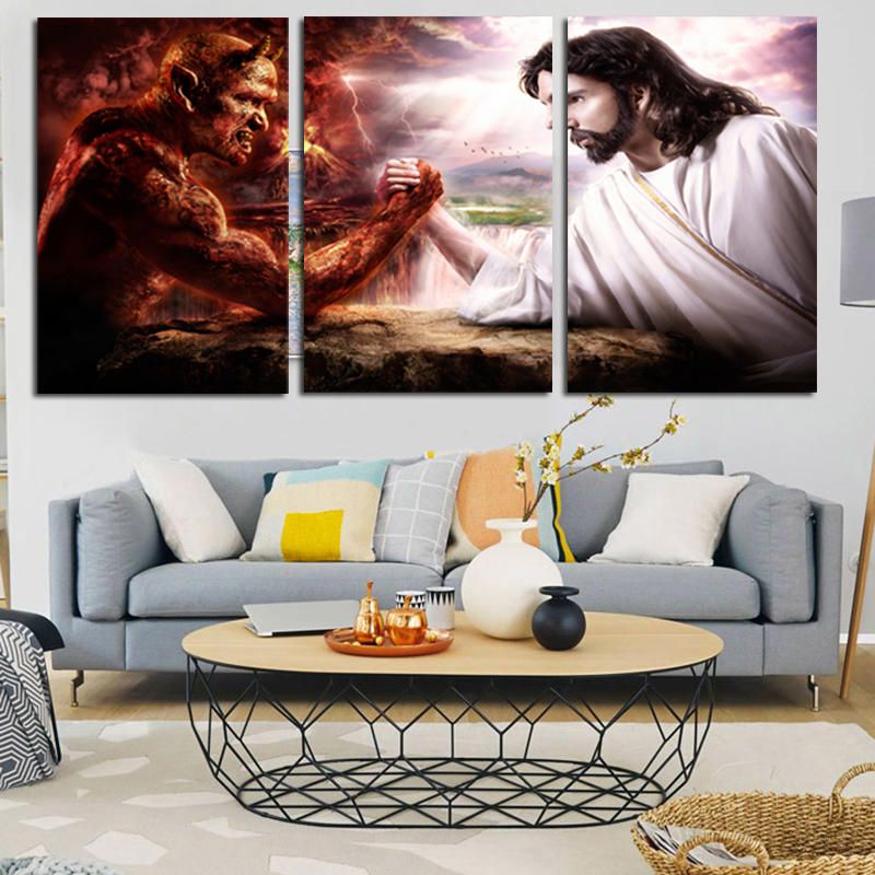 Miico Pintado A Mano Tres Pinturas Decorativas Combinadas Satanás Y Jesús Arte De La Pared Para La Decoración Del Hogar