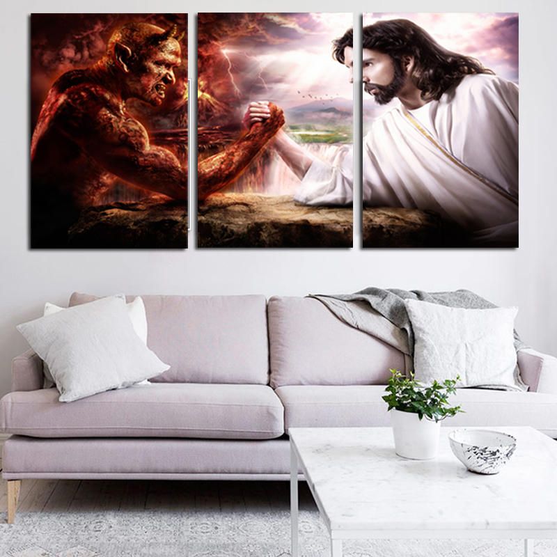 Miico Pintado A Mano Tres Pinturas Decorativas Combinadas Satanás Y Jesús Arte De La Pared Para La Decoración Del Hogar