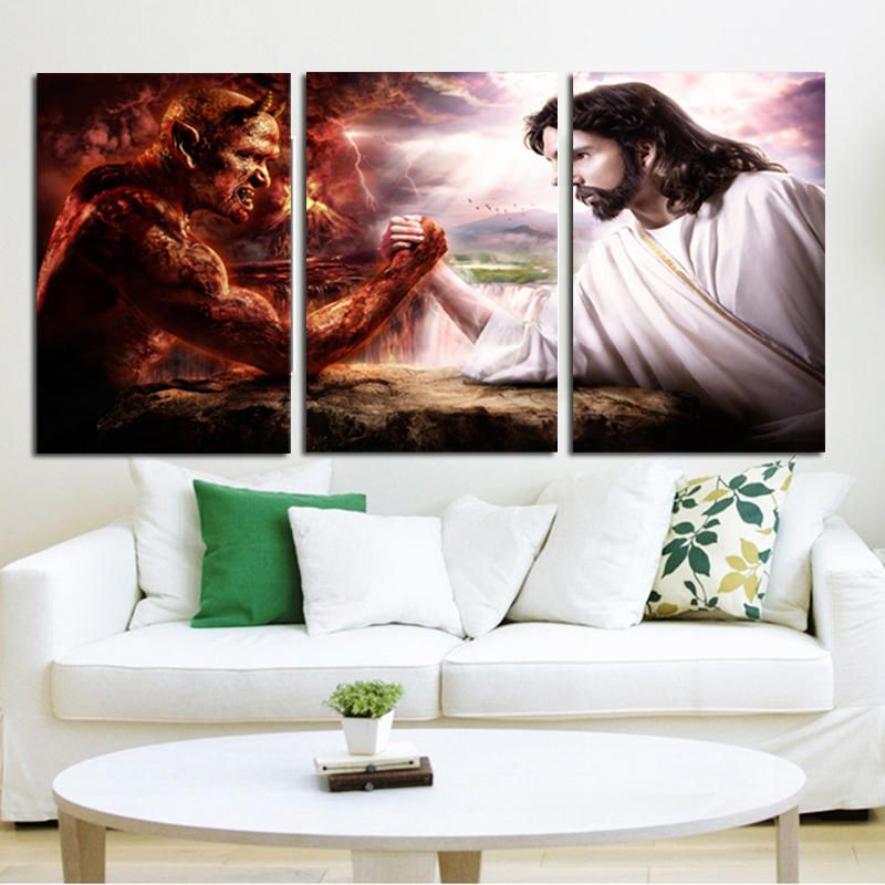 Miico Pintado A Mano Tres Pinturas Decorativas Combinadas Satanás Y Jesús Arte De La Pared Para La Decoración Del Hogar