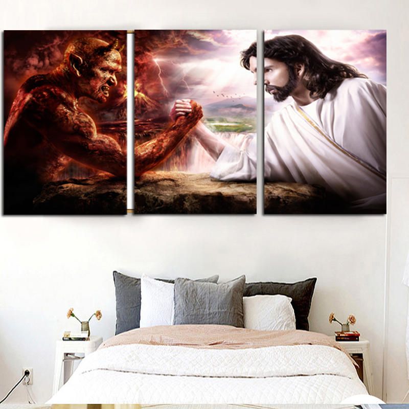 Miico Pintado A Mano Tres Pinturas Decorativas Combinadas Satanás Y Jesús Arte De La Pared Para La Decoración Del Hogar