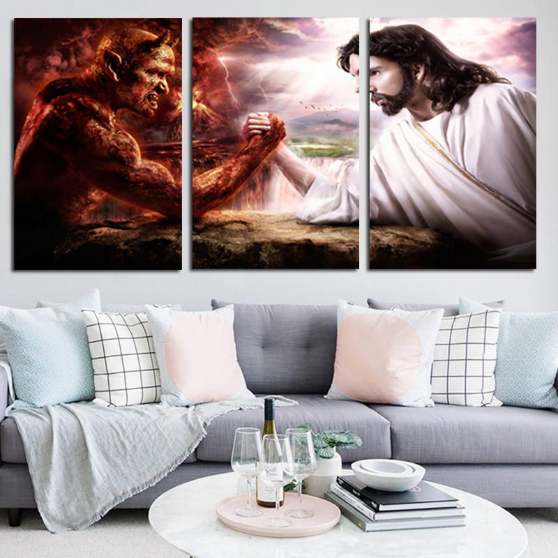 Miico Pintado A Mano Tres Pinturas Decorativas Combinadas Satanás Y Jesús Arte De La Pared Para La Decoración Del Hogar