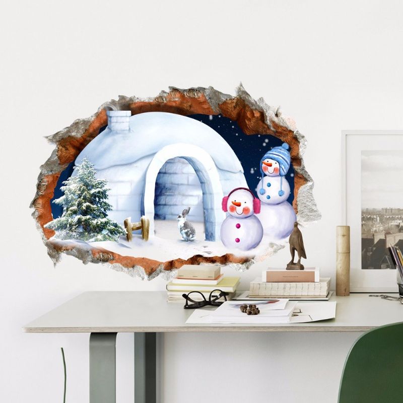 Pag 3d Navidad Muñeco De Nieve Casa Pegatina Pared Calcomanías Hogar 3d Navidad Pared Agujero Decoración Regalo