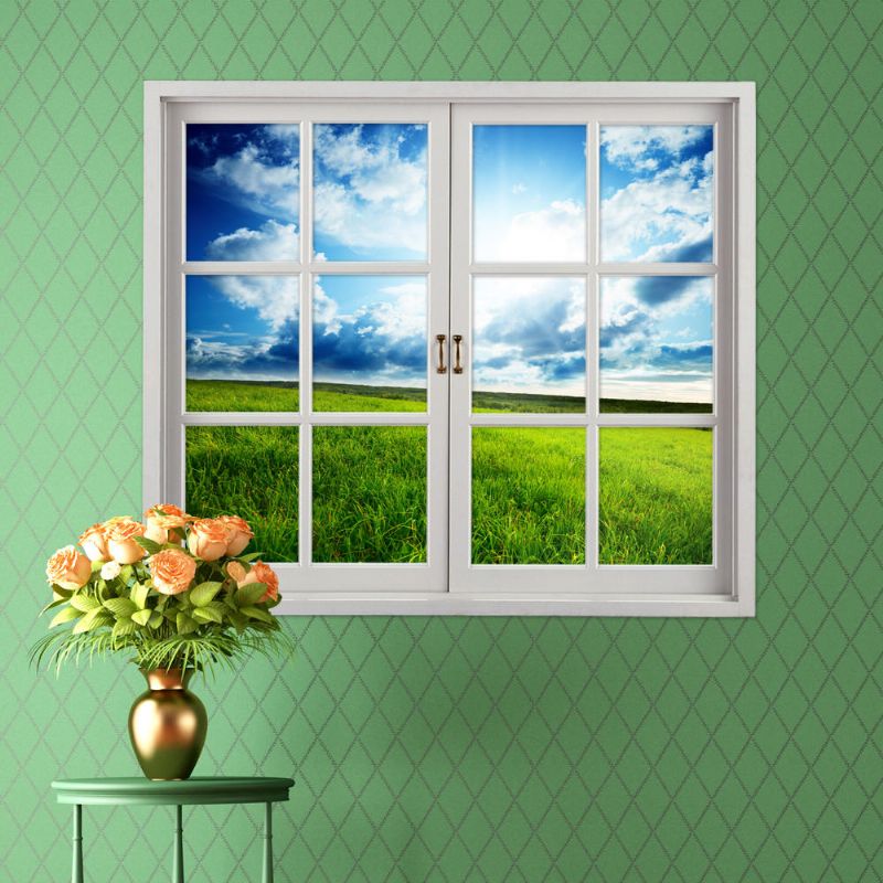 Pastizales 3d Vista De Ventana Artificial Cielo Azul Calcomanías De Pared 3d Habitación Pag Pegatinas Decoración De La Pared Del Hogar Regalo