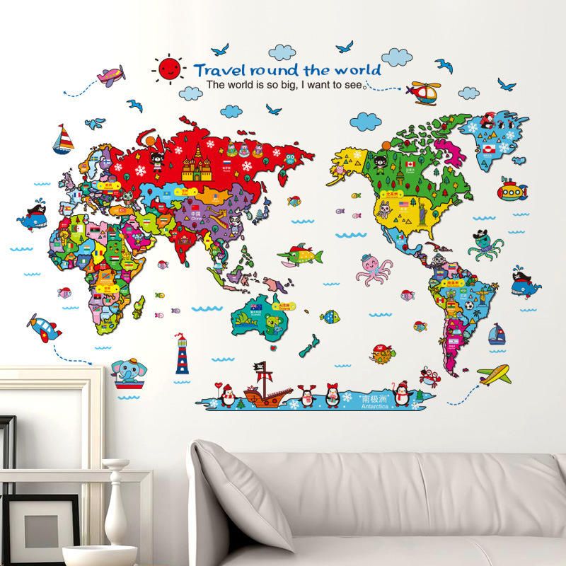 Pegatinas De Pared Con Mapa Del Mundo De Animales De Dibujos Animados Para Decoración De Habitaciones De Niños Safari Mural Art Zoo