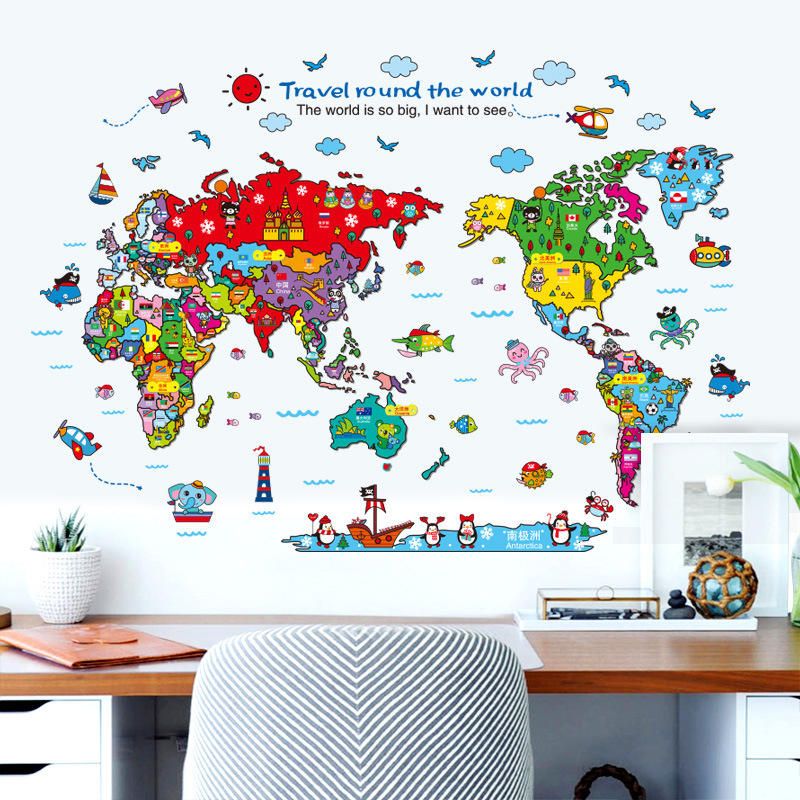 Pegatinas De Pared Con Mapa Del Mundo De Animales De Dibujos Animados Para Decoración De Habitaciones De Niños Safari Mural Art Zoo