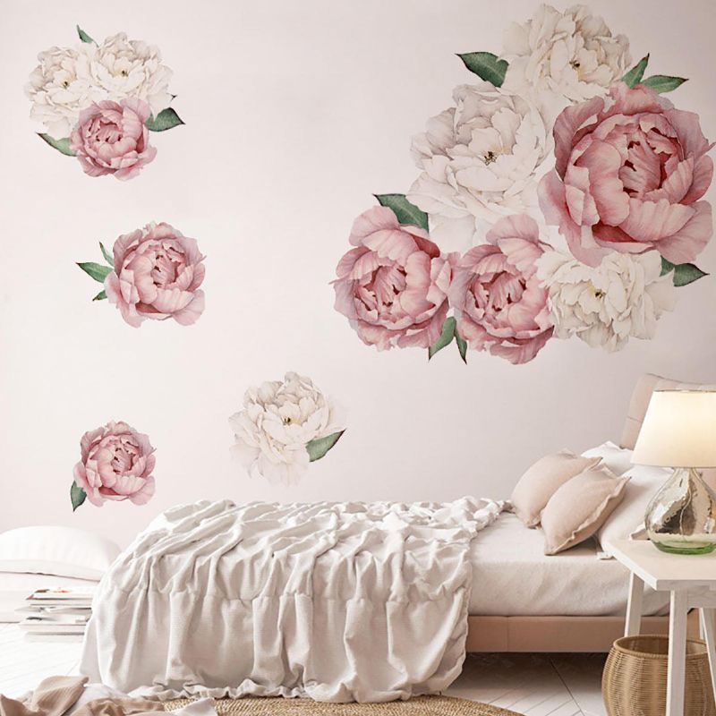 Rosas Peonía Etiqueta De La Pared Floral Calcomanías De Papel Blush Rosa Y Flores Blancas Pegatinas De Pared Autoadhesivas Mural De Pared