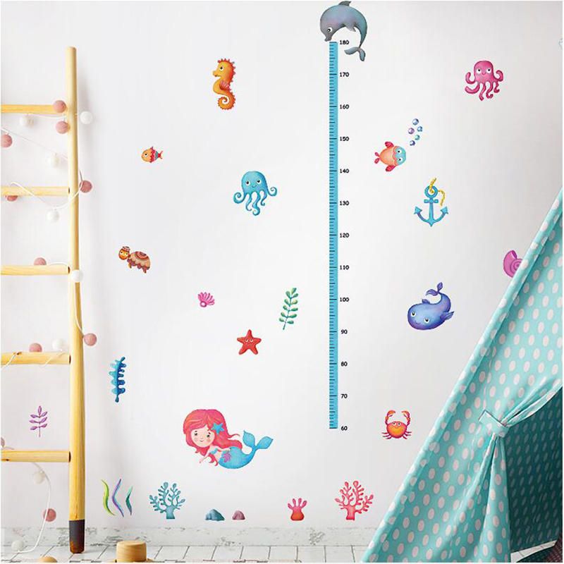 Sk7197 Tabla De Altura Del Mundo Marino Etiqueta De La Pared Tabla De Crecimiento Pegatinas De Pared De Estrella De Pez Para Habitación De Niños Calcomanías De Pared De Baño Submarino