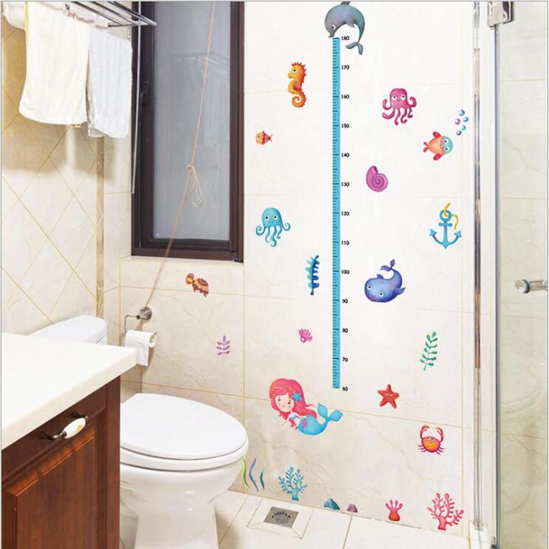 Sk7197 Tabla De Altura Del Mundo Marino Etiqueta De La Pared Tabla De Crecimiento Pegatinas De Pared De Estrella De Pez Para Habitación De Niños Calcomanías De Pared De Baño Submarino