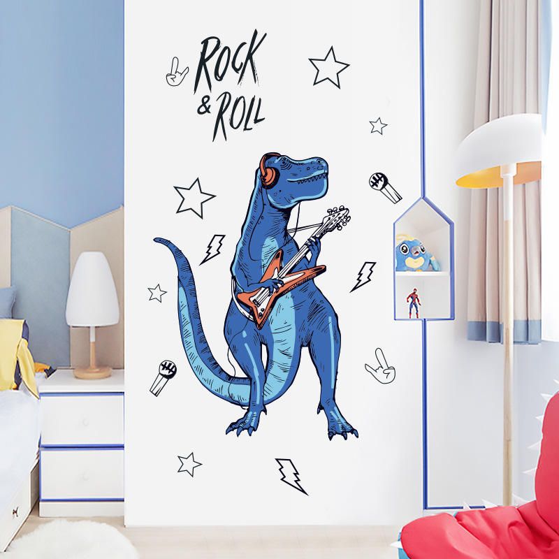 Sk9361 Rock Roll Dinosaur Etiqueta De La Pared Para La Habitación De Los Niños Animales De Dibujos Animados Decoración Para El Hogar Art Viny Pvc Wallpaper Creative Door Fridge Decoration