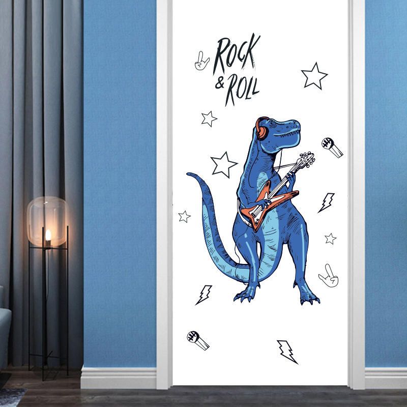 Sk9361 Rock Roll Dinosaur Etiqueta De La Pared Para La Habitación De Los Niños Animales De Dibujos Animados Decoración Para El Hogar Art Viny Pvc Wallpaper Creative Door Fridge Decoration