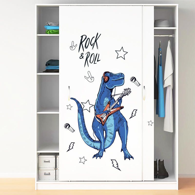 Sk9361 Rock Roll Dinosaur Etiqueta De La Pared Para La Habitación De Los Niños Animales De Dibujos Animados Decoración Para El Hogar Art Viny Pvc Wallpaper Creative Door Fridge Decoration