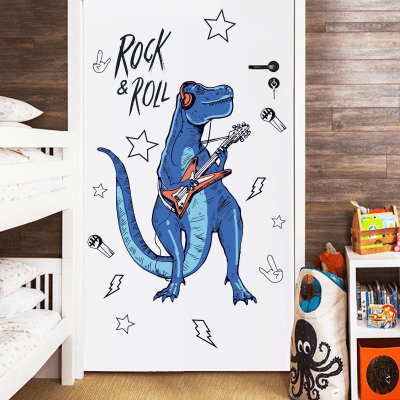 Sk9361 Rock Roll Dinosaur Etiqueta De La Pared Para La Habitación De Los Niños Animales De Dibujos Animados Decoración Para El Hogar Art Viny Pvc Wallpaper Creative Door Fridge Decoration