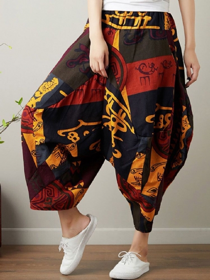 Bolsillo Con Estampado Étnico Cintura Elástica Asimétrica Pantalones Cortos Casuales Sueltos