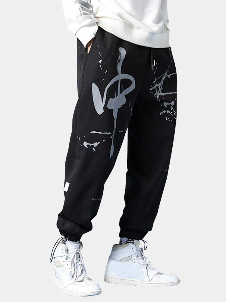 Hombre Graffiti Print Plus Velvet Drawstring Beam Feet Pants Thicken Jogger Pants