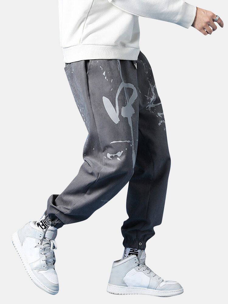 Hombre Graffiti Print Plus Velvet Drawstring Beam Feet Pants Thicken Jogger Pants