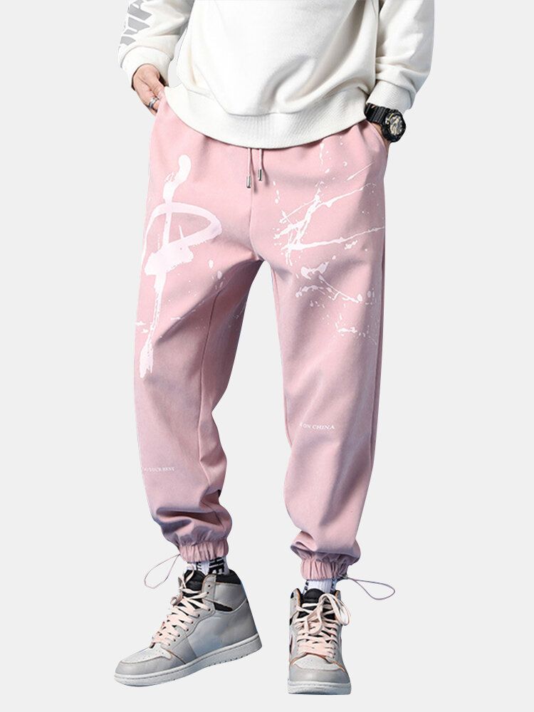 Hombre Graffiti Print Plus Velvet Drawstring Beam Feet Pants Thicken Jogger Pants