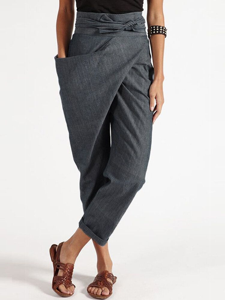 Mujer Cremallera Cinturón Casual Pantalones Harem Pantalones Sueltos Irregulares Gris Talla M