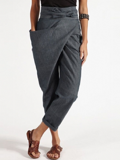 Mujer Cremallera Cinturón Casual Pantalones Harem Pantalones Sueltos Irregulares Gris Talla M