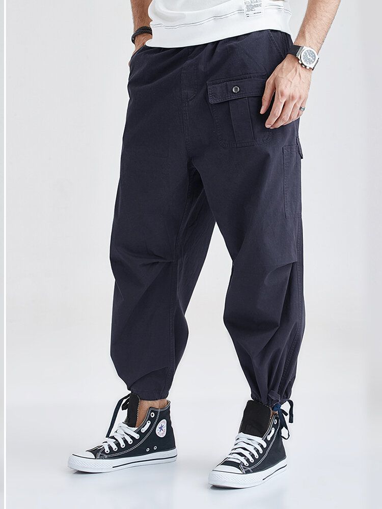 Pantalón Jogger Azul Marino Con Cordón Multibolsillos 100% Algodón Para Hombre