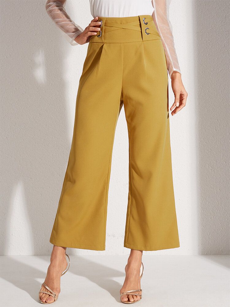 Pantalones Acampanados Casuales Elegantes De Cintura Media Con Diseño Cruzado De Color Sólido Para Mujer