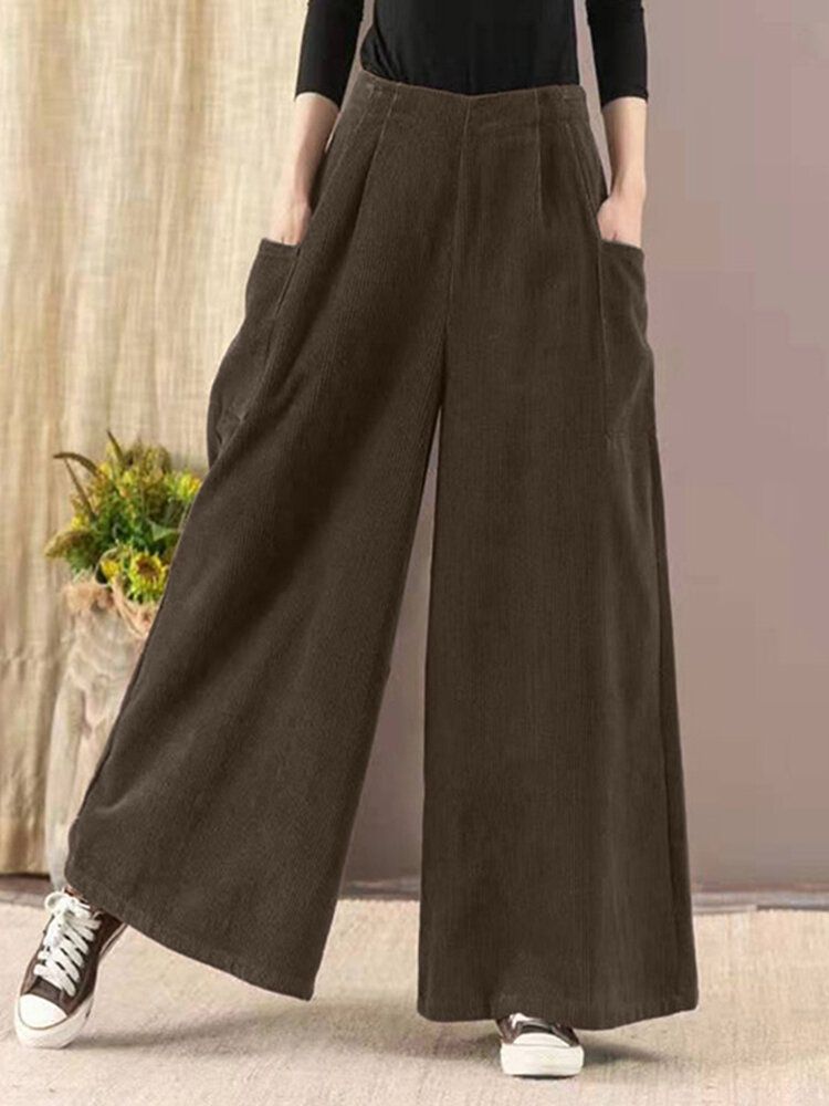 Pantalones Anchos Casuales De Cintura Alta Elástica Vintage De Pana Para Mujer Con Bolsillo