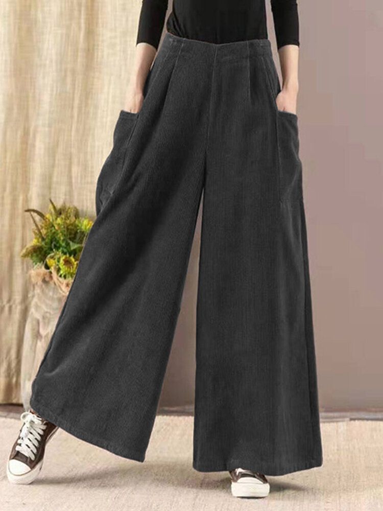 Pantalones Anchos Casuales De Cintura Alta Elástica Vintage De Pana Para Mujer Con Bolsillo