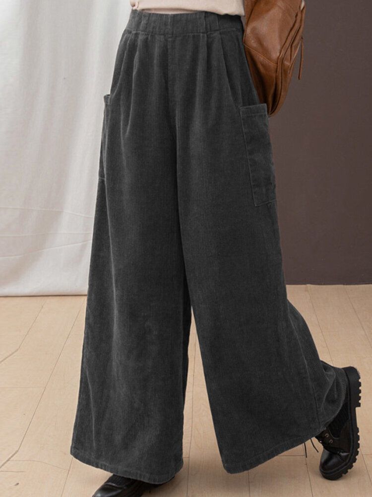 Pantalones Anchos Casuales De Cintura Alta Elástica Vintage De Pana Para Mujer Con Bolsillo