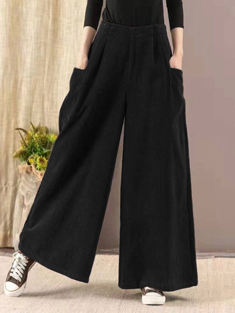 Pantalones Anchos Casuales De Cintura Alta Elástica Vintage De Pana Para Mujer Con Bolsillo