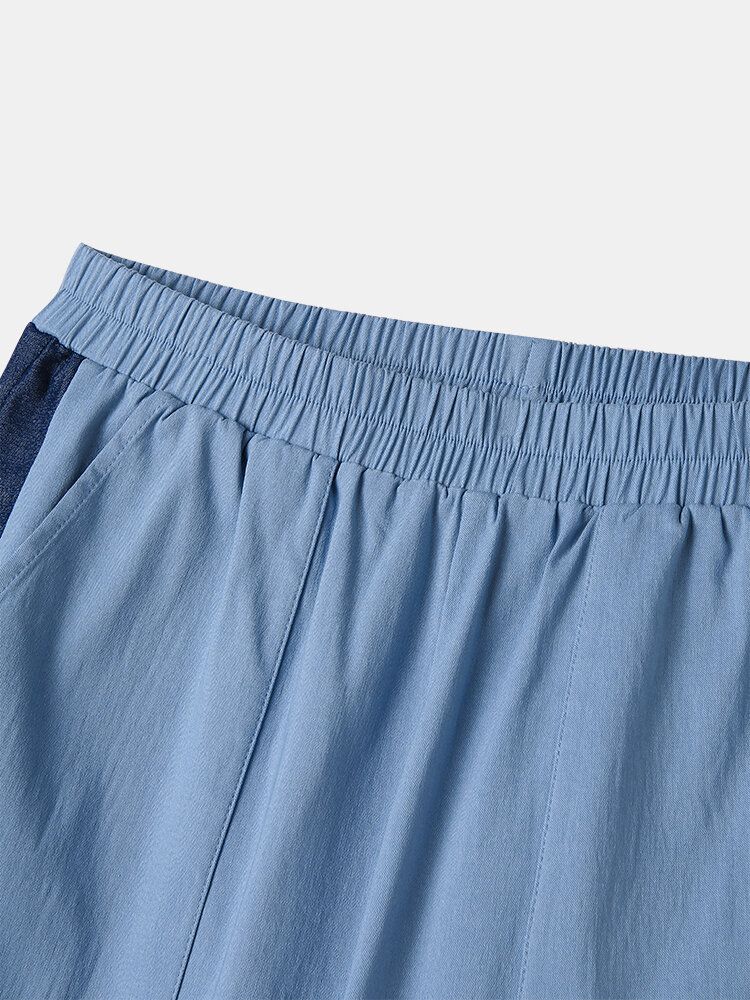 Pantalones Anchos Casuales De Cintura Elástica Con Retales Para Mujer Con Bolsillo