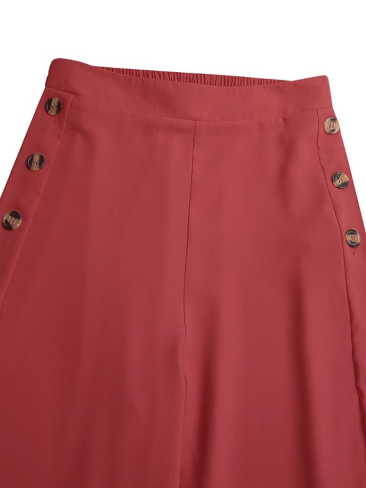 Pantalones Anchos Casuales Sueltos Con Cintura Elástica Y Botones Laterales De Color Sólido Para Mujer Con Bolsillo