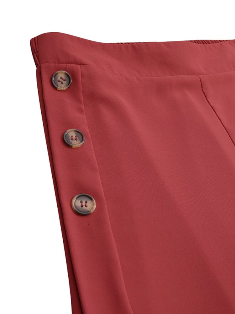 Pantalones Anchos Casuales Sueltos Con Cintura Elástica Y Botones Laterales De Color Sólido Para Mujer Con Bolsillo