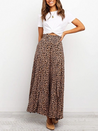 Pantalones Anchos De Cintura Alta Con Estampado De Leopardo Para Mujer