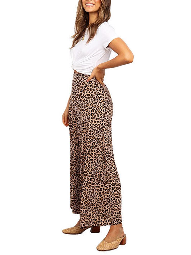 Pantalones Anchos De Cintura Alta Con Estampado De Leopardo Para Mujer