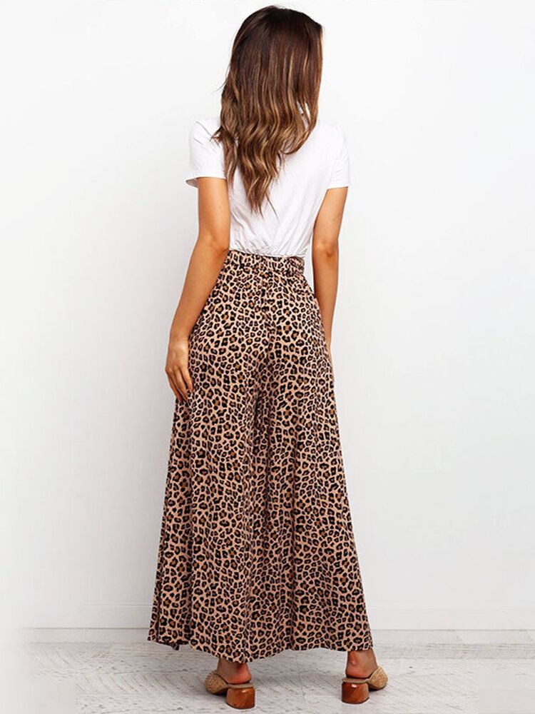 Pantalones Anchos De Cintura Alta Con Estampado De Leopardo Para Mujer