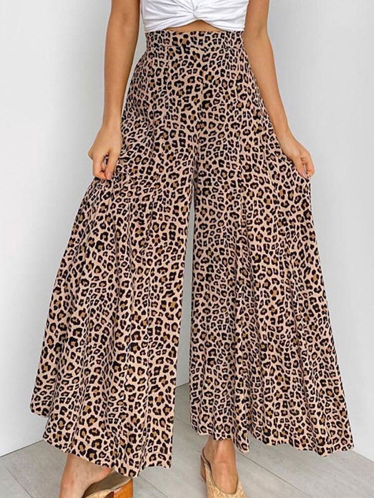 Pantalones Anchos De Cintura Alta Con Estampado De Leopardo Para Mujer