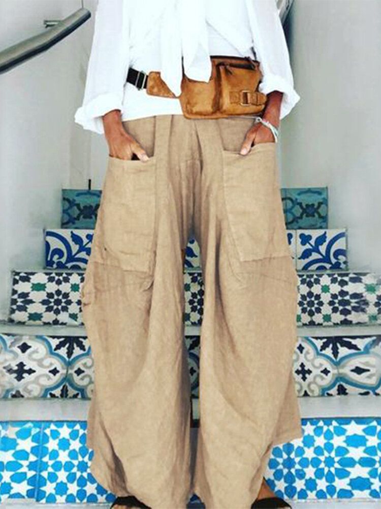 Pantalones Anchos Con Bolsillos De Color Puro Y Cintura Elástica Para Mujer