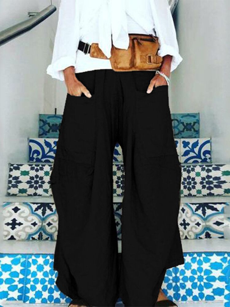 Pantalones Anchos Con Bolsillos De Color Puro Y Cintura Elástica Para Mujer