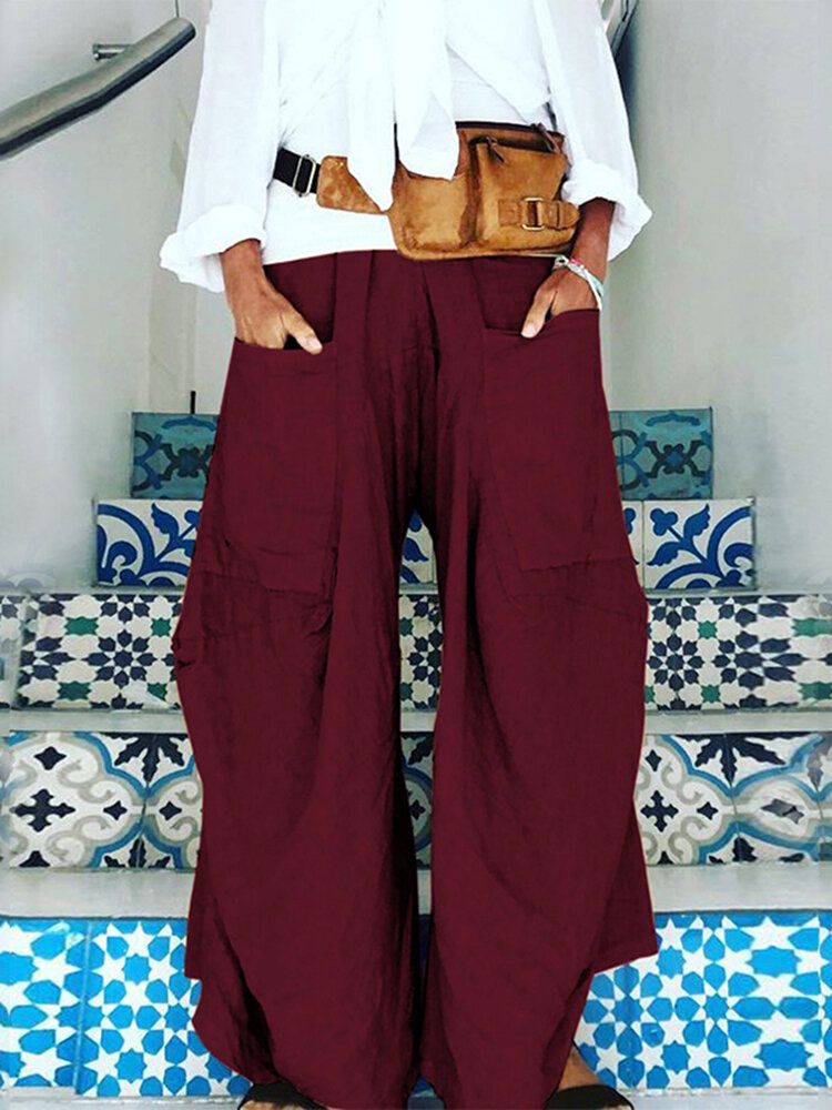 Pantalones Anchos Con Bolsillos De Color Puro Y Cintura Elástica Para Mujer