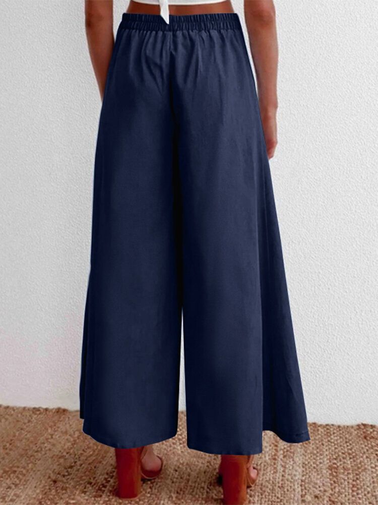 Pantalones Anchos De Pierna Ancha De Cintura Alta De Color Sólido Con Botones Sueltos Casuales