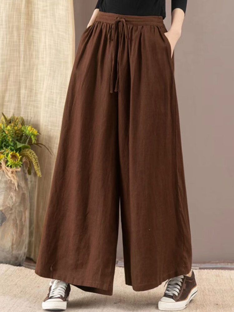 Pantalones Anchos De Pierna Ancha De Cintura Alta De Color Sólido Con Cintura Con Cordón Informal Para Mujer Con Bolsillo