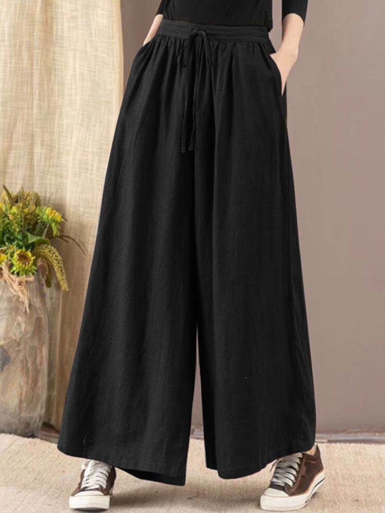 Pantalones Anchos De Pierna Ancha De Cintura Alta De Color Sólido Con Cintura Con Cordón Informal Para Mujer Con Bolsillo