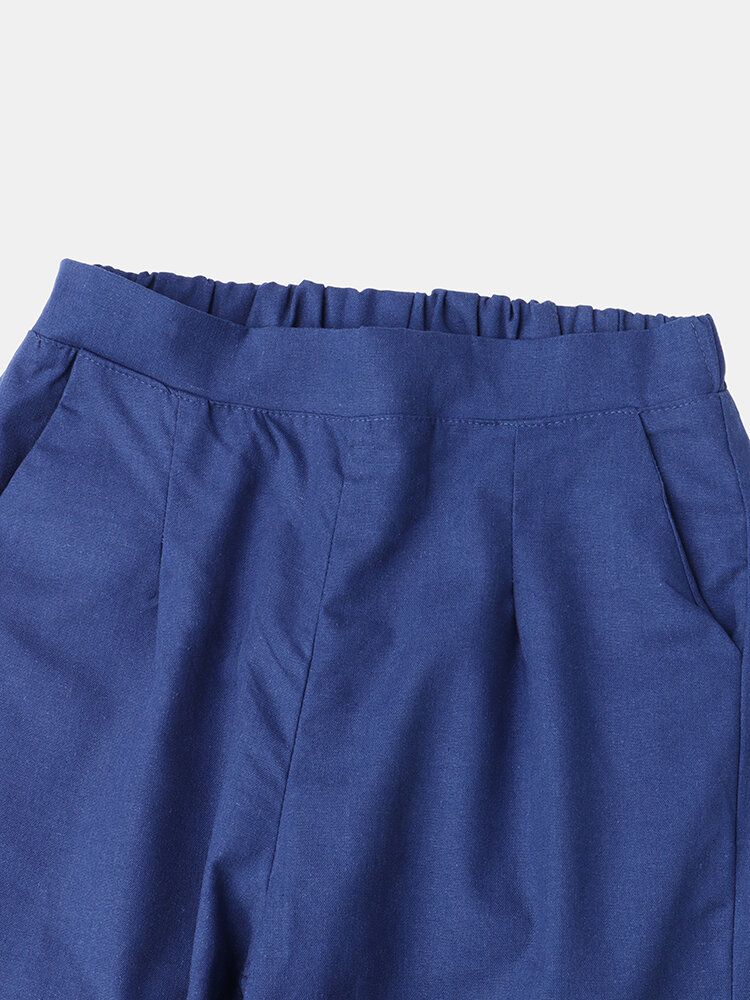 Pantalones Anchos De Pierna Ancha De Cintura Media Elástica Con Puños Laterales Divididos En Color Liso Para Mujer Con Bolsillos