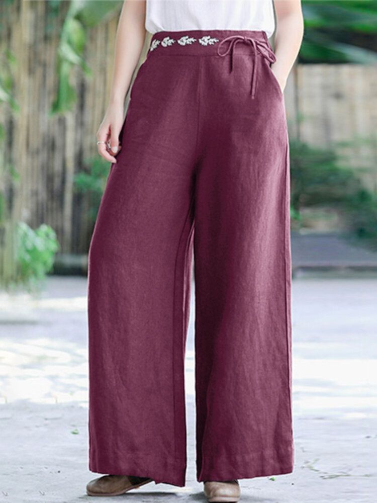 Pantalones Anchos De Pierna Ancha Con Bordado Vintage Y Cordones De Color Sólido Para Mujer Con Bolsillo