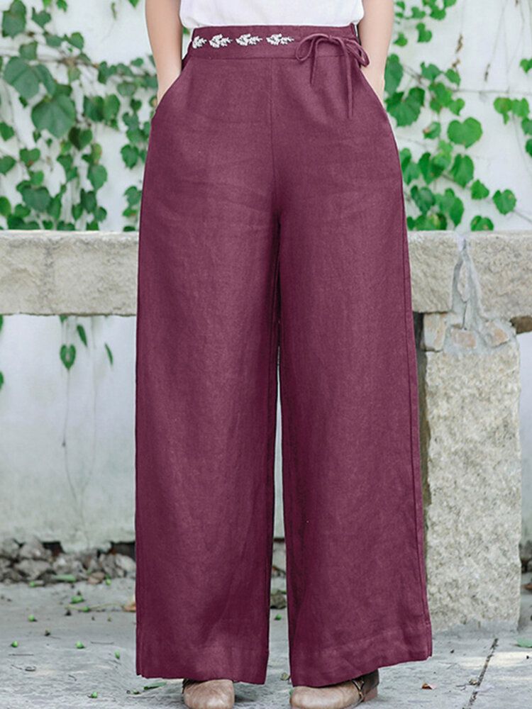 Pantalones Anchos De Pierna Ancha Con Bordado Vintage Y Cordones De Color Sólido Para Mujer Con Bolsillo