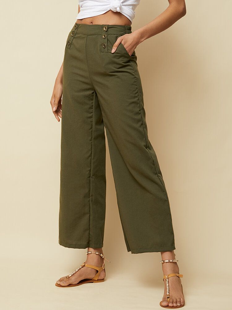 Pantalones Anchos De Pierna Ancha Con Cintura Elástica Y Bolsillo Lateral Suelto Con Botones Casuales Para Mujer