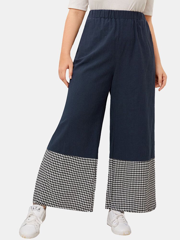 Pantalones Anchos De Pierna Ancha Con Cintura Media Elástica Suelta Y Patchwork De Pata De Gallo Para Mujer