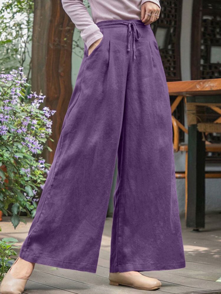 Pantalones Anchos De Pierna Ancha Con Cordón Informal Plisado De Color Sólido Para Mujer Con Bolsillo